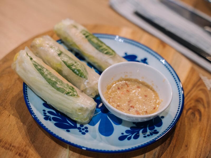 vegan spring rolls and dip on a plate